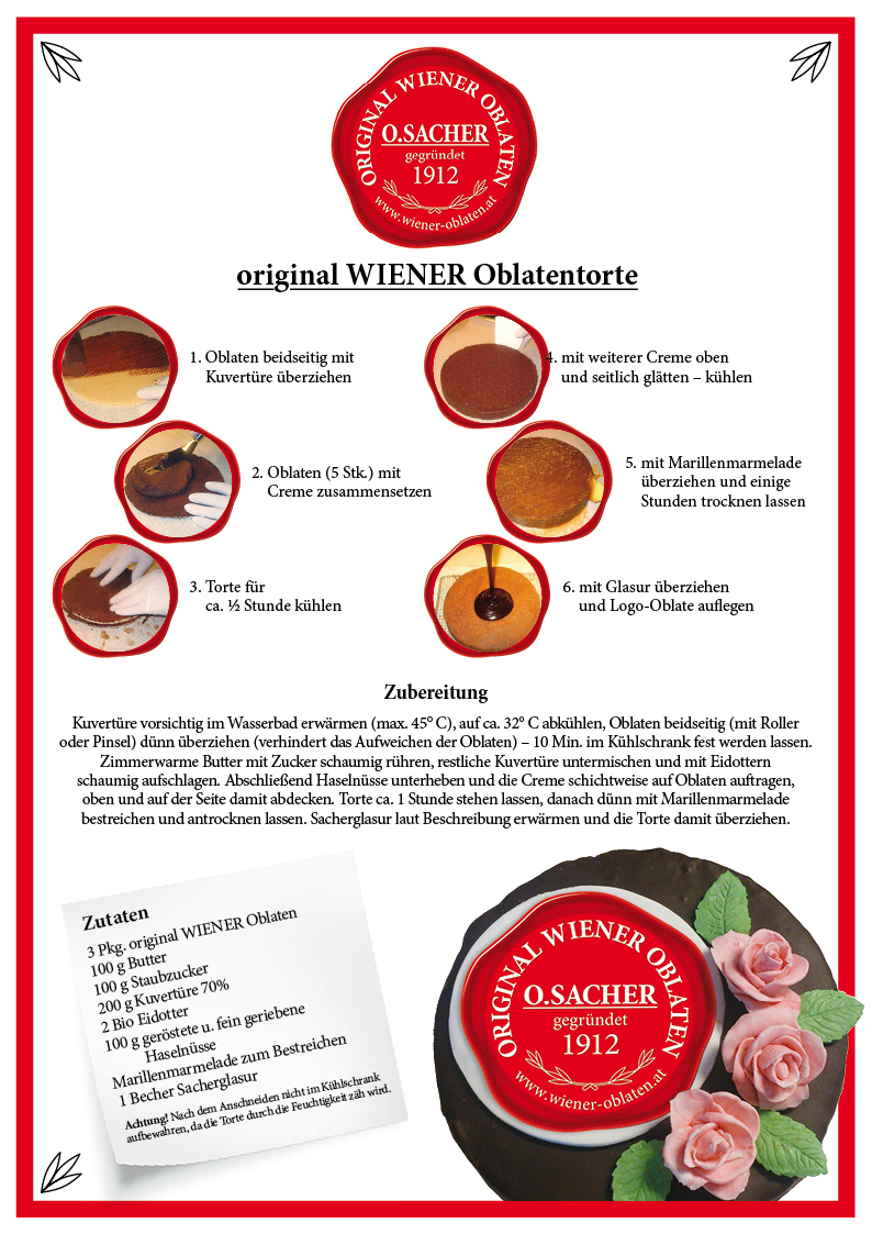 Beispiel-Layout eines Kunden: Blatt A4 mit rotem schmalen Rahmen und siegelförmigen roten Logo in der Mitte oben, darauf Textinhalte zur Herstellung einer Karlsbader-Oblatentorte inklusive Foto einer fertig mit Schokoglasur überzogenen Torte