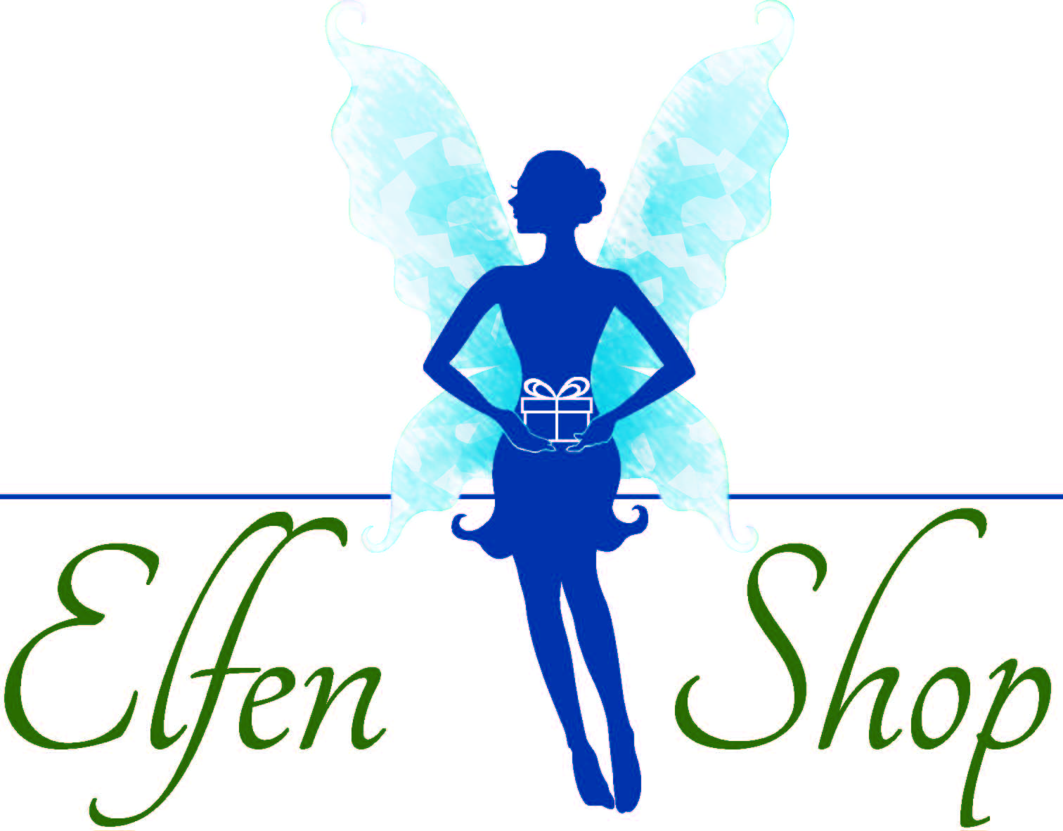 Beispiel-Logo eines Kunden: kleine dunkelblaue Elfen-Silhoutte mit hellblau - und transparent anmutenden Flügeln, mit weiß-konturiertem Päckchen in Händen - im Schoß, sitzend auf einer ebenso dunkelblauen Linie, darunter der grüne Schriftzug Elfen-Shop
