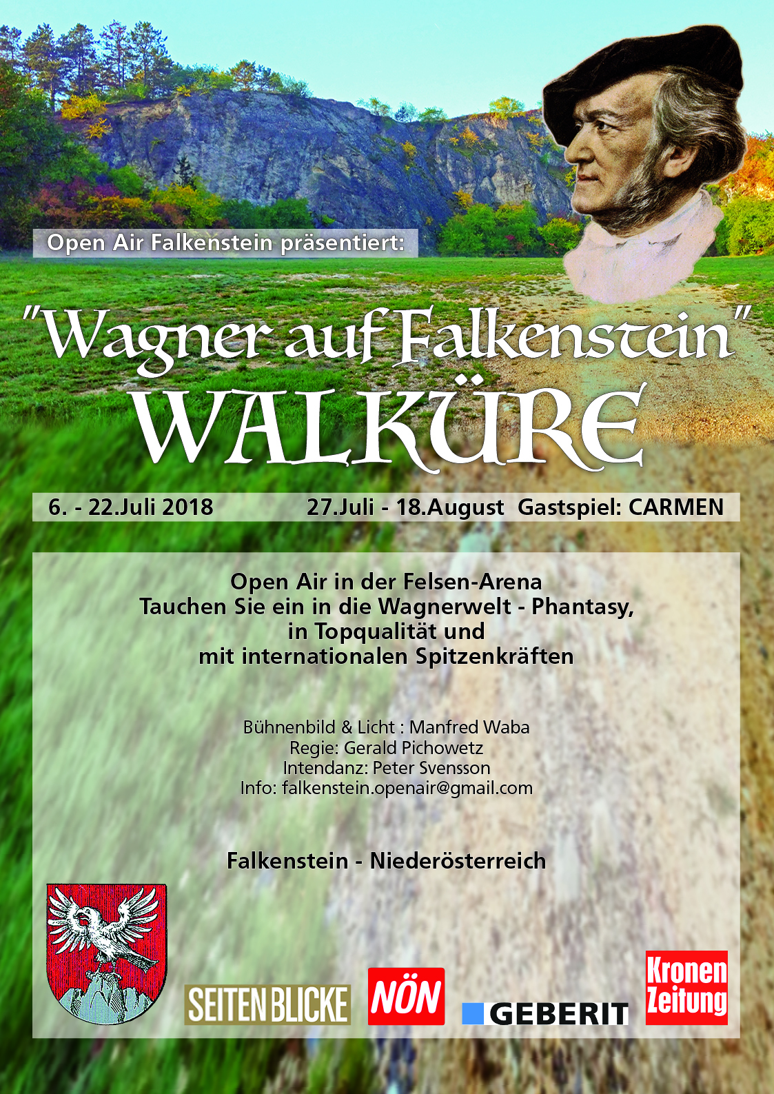 Beispiel-Plakat eines Kunden: sepa-farbene Wagner-Büste als Designelement zum Thema Oper auf Hintergrund-Foto eines Steinbruchs aus Falkenstein in Niederösterreichin in grün und grau, weiters auf halbtransparentem weißen Hintergrund - zur besseren Lesbarkeit auf dem natur-Hintergrund - die Headline 'Wagner auf Falkenstein: WALKÜRE' in altertümlicher Schrift und Info-Text sowie einige Sponsoren-Logos