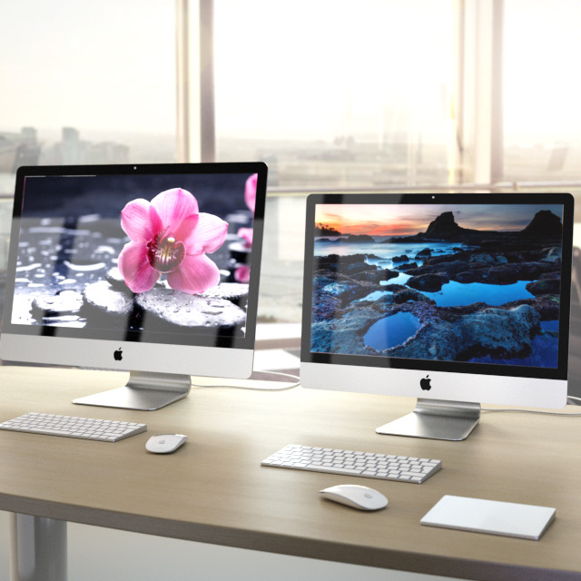 zwei Design-Apple/Mac-Bildschirme mit farbenfrohen Hintergrundbildern, Maus und Tastatur auf einem Holztisch vor einem Fenster; bildliche Darstellung des Design-Kompetenzbereichs Websites bzw. Werbung auf Widescreen-Bildschirmen; Farben: Bildschirmbilder blau-orange-schwarz und Rosa auf schwarz-weiß, metallische Geräte auf hellem Holz ohne erkennbare Maserung, im Fenster dahinter helle bis beige-graue Statt-Silhouette vor hell überstrahlten Himmel