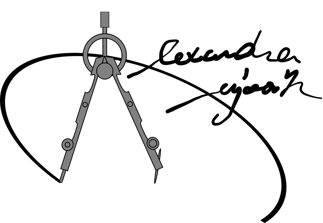 Das Logo des Dienstleisters, bestehend aus einem Zirkel als Initialen, ergänzt durch die Unterschrift ergibt sich daraus der Name Alexandra Dujmovits, schwarz-weiß